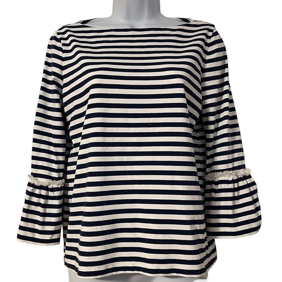 J. McLaughlin Ellie White Navy Striped Bell Sleeve Fringe Top S Catalina Cloth - Picture 1 of 10